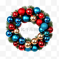 红球装饰图片_圣诞花环装饰绿松叶与蓝红球