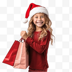 圣诞帽的婴儿图片_戴着圣诞帽的快乐小女孩孤立地站