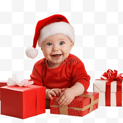 圣诞树圣诞帽图片_快乐漂亮的宝贝，穿着红色连衣裙
