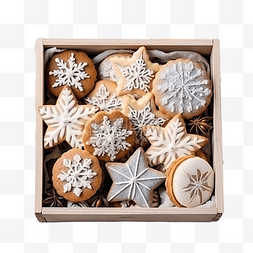 灰色装饰品图片_灰色质朴表面的木盒中平铺着圣诞
