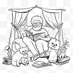 手绘老人读书，上面有狗和猫的涂