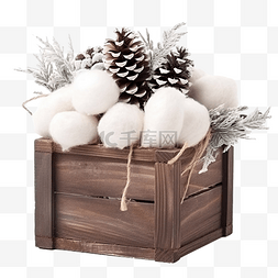 圣诞元素松果图片_木盒中装有棉松果的圣诞组合物