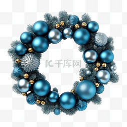 蓝色圣诞花环图片_圣诞花环装饰蓝色松叶和圣诞球