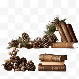 英语教科版图片_旧木架上有书籍和圣诞树，上面有