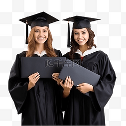 研究生png图片_穿着毕业礼服拿着文凭的快乐微笑