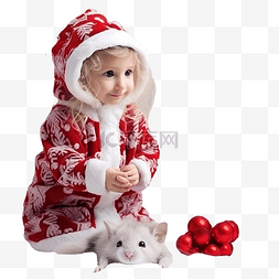 圣诞礼物儿童图片_穿着节日老鼠服的小孩女孩坐在圣