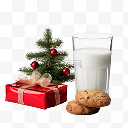 空杯牛奶和面包屑饼干以及圣诞树