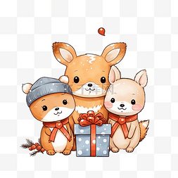 可爱的雪鹿图片_圣诞快乐庆祝可爱的狐狸鹿兔子树