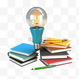 灯泡聪明图片_3d 一堆书铅笔学习表示一个教育故