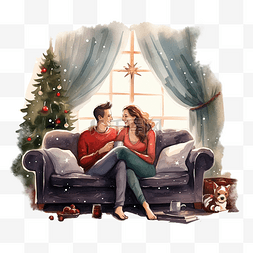 情侣坐沙发图片_圣诞夜，幸福的已婚夫妇坐在沙发