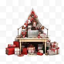 圣诞内饰，桌子上堆满了礼物和带
