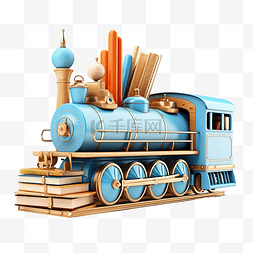 黑板童年图片_3d 蓝色机车与木制货车与学校用品