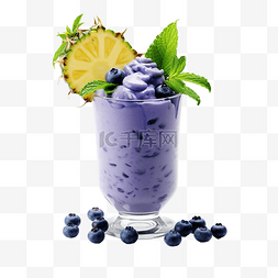 喝美味饮料图片_用蓝莓菠萝片装饰的美味奶昔玻璃
