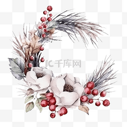 水彩圣诞花一品红松果棉花和浆果