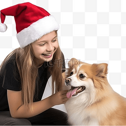 金发女孩和她的狗戴着圣诞老人的