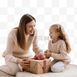 有孩子的家图片_室内圣诞树附近有礼品盒的母女