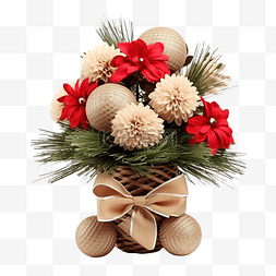 松枝圣诞球图片_圣诞装饰品，配有黄麻球和稻草装