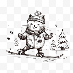 卡通手绘冬季滑雪图片_穿着毛毡靴的可爱微笑猫