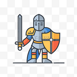 带盾牌和剑线图标的盔甲骑士 向