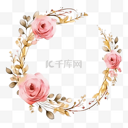 水彩粉红玫瑰，带金色花环框架和