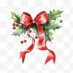 圣诞冬青花环与红色蝴蝶结结水彩