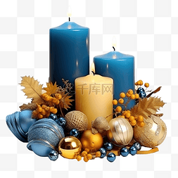 木制表面上有蜡烛和蓝色和金色装