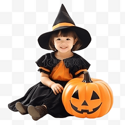 可爱的孩子穿着女巫服装坐在南瓜