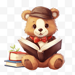 可爱的熊拿着打开的书本读书