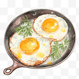 煎蛋水彩手绘图片_平底锅水彩煎鸡蛋
