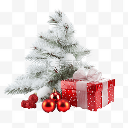 红色领域图片_白雪上的杉树和红色圣诞装饰品和