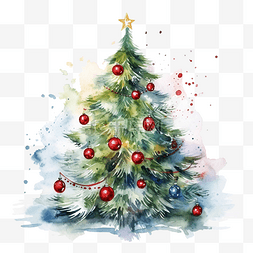 数字绘画水彩圣诞贺卡与圣诞树和
