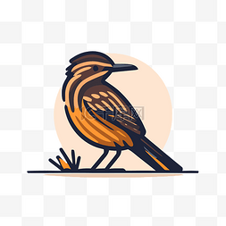 田野卡通背景图片_一只橙色的鸟坐在平面图标的田野