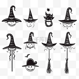 一套帽子和女巫扫帚线性素描涂鸦