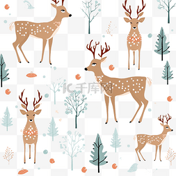 圣诞贺卡可爱画鹿与无缝图案集