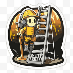 梯子上图片_消防员贴纸站在火上的梯子上 向