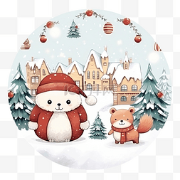 雪镇插画中与圣诞老人和可爱的动