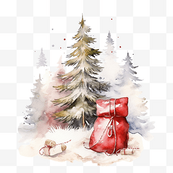 松树喜庆图片_可爱的红色圣诞圣诞老人麻袋水彩