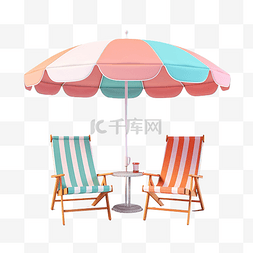 沙滩伞元素图片_3d 沙滩伞与柔和色彩背景的沙滩椅