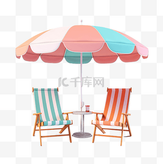 3d 沙滩伞与柔和色彩背景的沙滩椅
