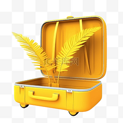 黄色棕榈叶图片_黄色打开手提箱空有棕榈叶隔离夏