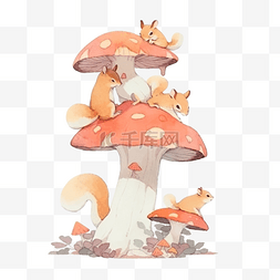 秋季彩色蘑菇上松鼠的水彩画