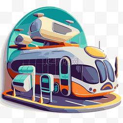卡通公交车站图片_带有许多不同物体的未来巴士 向