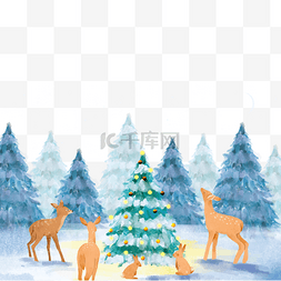 绿色圣诞圣诞图片_蓝色夜景树丛麋鹿群