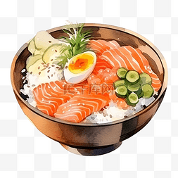 寿司食物图片_水彩日本料理 uni 三文鱼饭碗和三