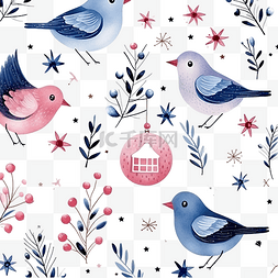 圣诞无缝图案与蓝色和粉红色的鸟