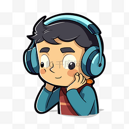 卡通男孩戴着耳机听音乐 向量