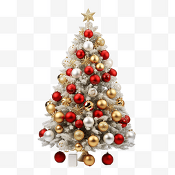 白雪皑皑的圣诞树，装饰着金色和