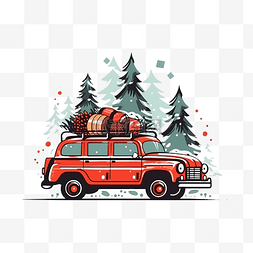 圣诞节汽车海报图片_屋顶上有圣诞树的红色汽车