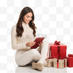 银行业务图片_圣诞节时，漂亮的黑发美女用平板
