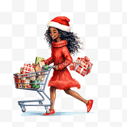 行走圣诞老人卡通图片_圣诞节销售中推着购物车行走的非